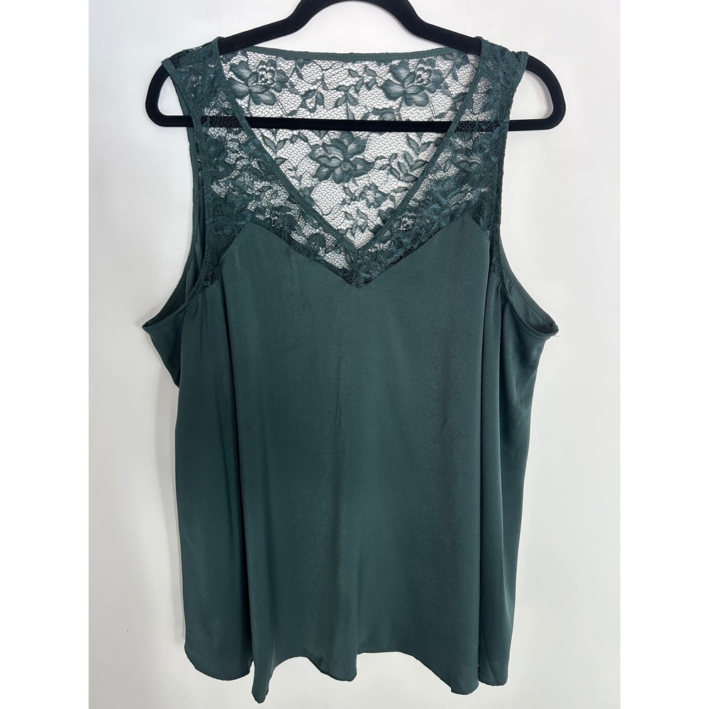 Torrid Women Plus Sz 2 Hunter Green Lace Yoke Sleeveless Top V-Neck Woven Blouse
